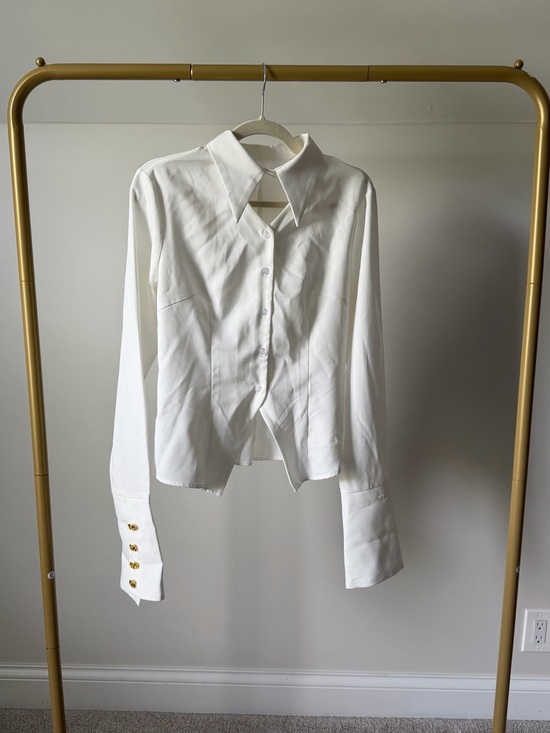 Commense Tops - Commense White Long-Sleeve Button Shirt with Gold Cuffs and Peekaboo cutout